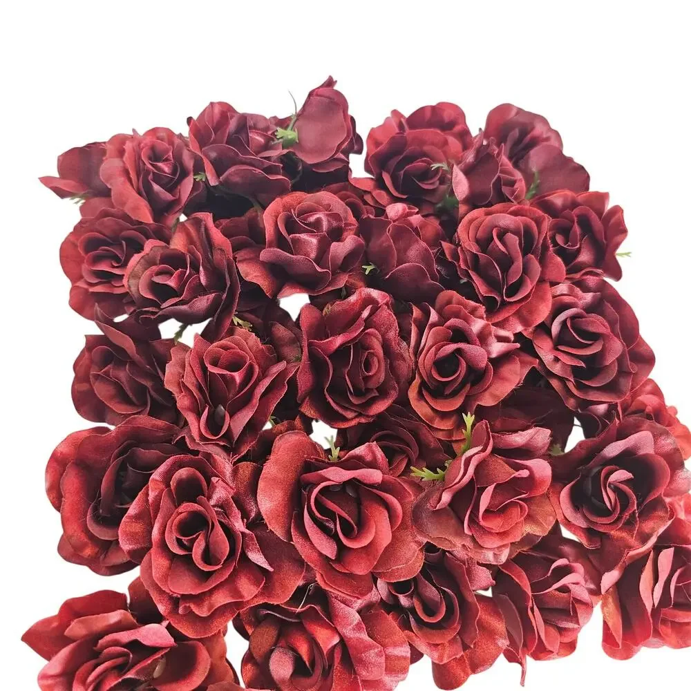 100 Burgundy Red Satin Rose Heads Stemless Wedding Floral Craft DIY 2.5in Flower
